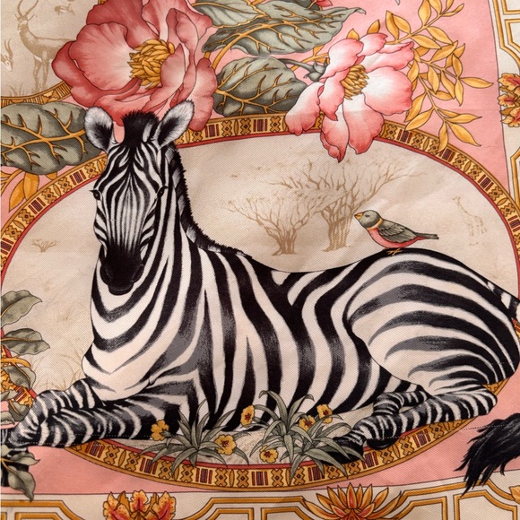 Vintage 100 Silk Scarf Ferragamo Zebra Pink Floral Safari Square Grandmillennial - Picture 3 of 10